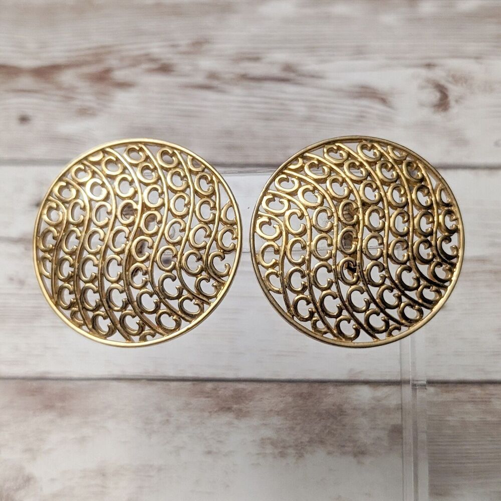 Vintage Clip On Earrings - Fancy Design 1.5" Large Gold Tone